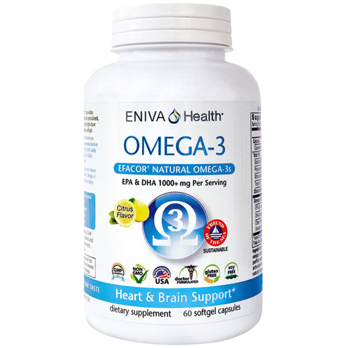 fish oil with no "fishy taste." Light citrus taste, whole body health, heart & brain health, High Potency Efacor, UltraPure, Meets the FDA Formulary Requirement for Making The Health Claim This Product May Reduce The Risk Of Cardiovascular Disease*, Premium Quality -  Heavy Metal Testing, Potency Verified and Sourced From Small Ocean Fish of Mackerel, Sardine & Anchovy, softgels, essential fatty acid, Eniva Product ID 13505