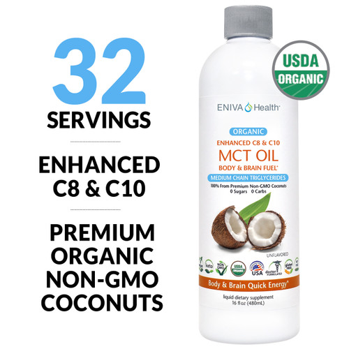 ENIVA ORGANIC ENHANCED MCT OIL provides energy packed fatty acids and metabolism support.* This MCT Oil contains specialized fatty acids from coconut oil that are a much faster source of energy than most longer chain fatty acids. 16 oz SKU 7305
