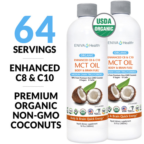 ENIVA ORGANIC ENHANCED MCT OIL provides energy packed fatty acids and metabolism support.* This MCT Oil contains specialized fatty acids from coconut oil that are a much faster source of energy than most longer chain fatty acids. 2 Quantity - 16 oz Bottles SKU 7305TWO
