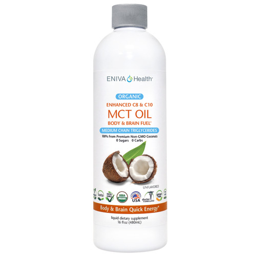 16 oz SKU 7305  This MCT Oil contains specialized fatty acids from coconut oil that are a much faster source of energy than most longer chain fatty acids. ENIVA ORGANIC ENHANCED MCT OIL provides energy packed fatty acids and metabolism support.*