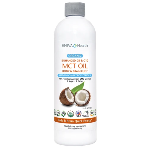 16 oz SKU 7305  This MCT Oil contains specialized fatty acids from coconut oil that are a much faster source of energy than most longer chain fatty acids. ENIVA ORGANIC ENHANCED MCT OIL provides energy packed fatty acids and metabolism support.*