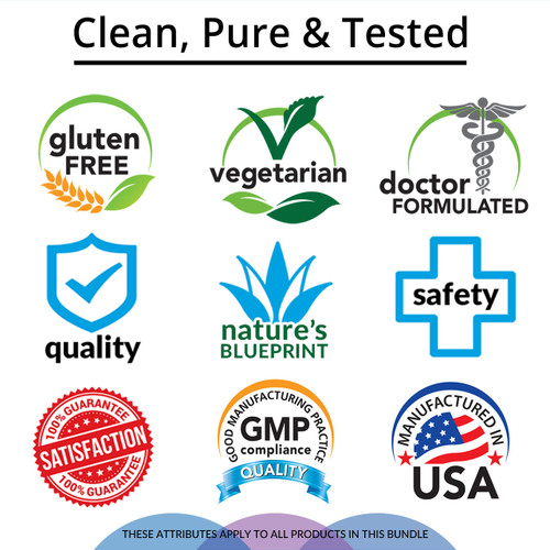 Clean, Pure & Tested, Gluten Free, Vegetarian, Doctor Formulated, Quality, Nature's Blueprint, Safety, Satisfaction Guarantee, GMP Compliance, Manufactured in USA