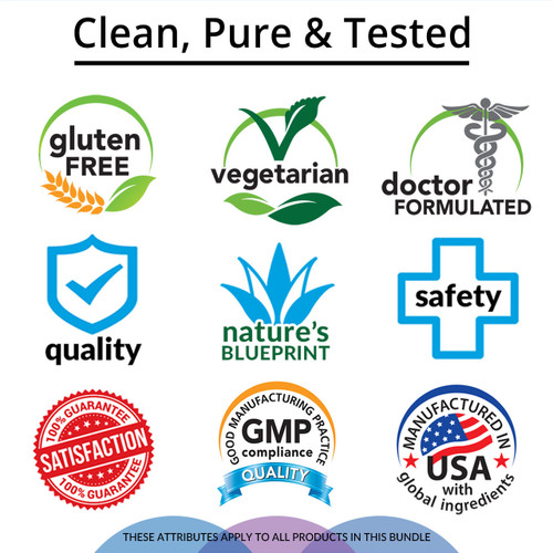Gluten Free, Vegetarian, Doctor Formulated, Quality, Nature's Blueprint, Safety, Satisfaction Guarantee, GMP, Manufactured in USA with Global Ingredients