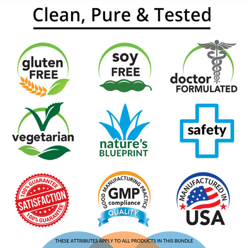 Clean, Pure & Tested, Gluten Free, Soy Free, Doctor Formulated, Vegetarian, Nature's Blueprint, Safety, Satisfaction Guarantee, GMP Compliance, Manufactured in USA