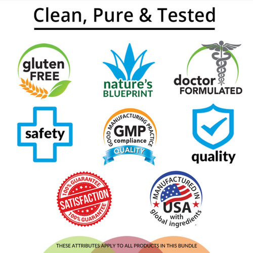 Clean, Pure & Tested, Gluten Free, Soy Free, Doctor Formulated, Vegetarian, Nature's Blueprint, Safety, Satisfaction Guarantee, GMP Compliance