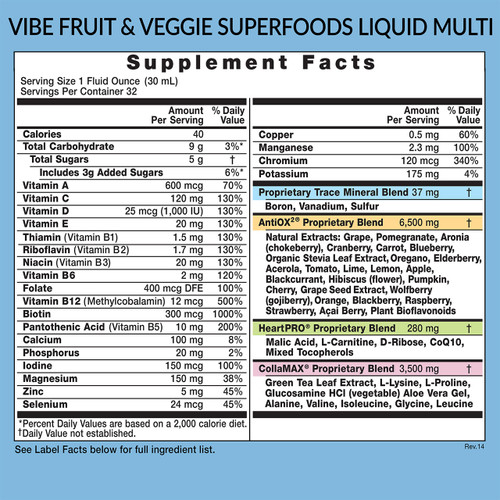 Eniva VIBE Fruit Sensation, 32 ounce bottle, Supplement Facts