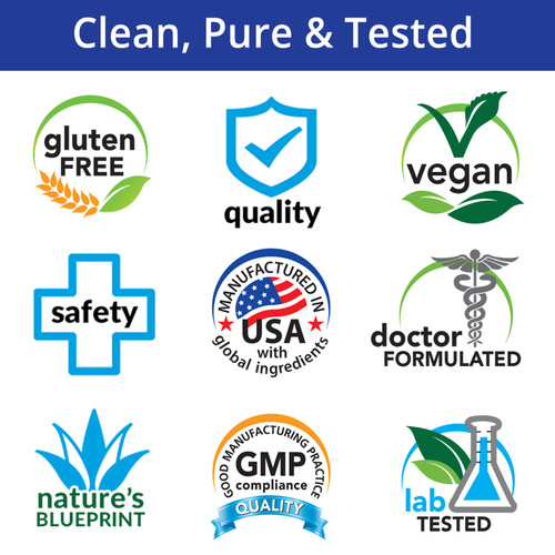 Gluten Free, Quality, Vegan, Safety, Made in USA with Global Ingredients, Doctor Formulated, Nature's Blueprint, GMP, Lab Tested