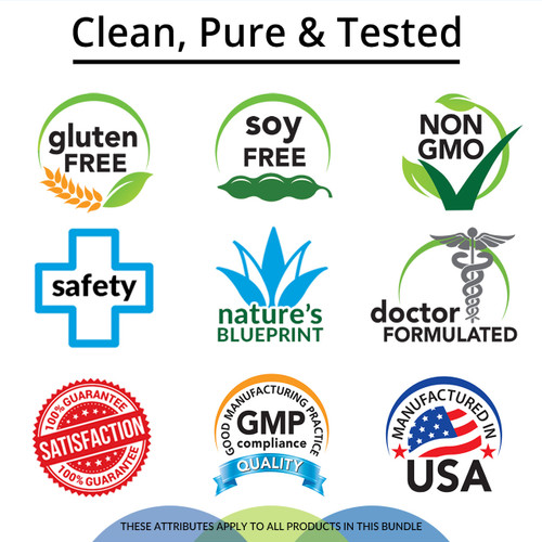 Clean, Pure & Tested, Gluten Free, Soy Free, Non-GMO, Safety, Nature's Blueprint, Doctor Formulated, Satisfaction Guarantee, GMP Compliance, Manufactured in USA