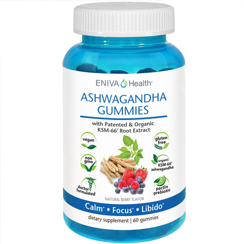 ENIVA ASHWAGANDHA GUMMIES deliver the health benefits of USDA Organic KSM-66 Ashwagandha in delicious vegan, gluten-free and gelatin-free pectin gummies. Ashwagandha has been used for centuries as an herbal nutrient with many health benefits, including relaxation and wellbeing.* 60 Count Gummies, ID 14020 - 14020TWO - 14020FOUR