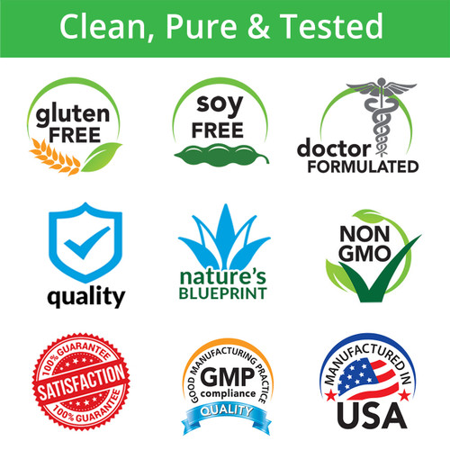 Clean, Pure & Tested, Gluten Free, Soy Free, Doctor Formulated, Quality, Nature's Blueprint, Non-GMO, Satisfaction Guarantee, GMP Compliance, Manufactured in USA