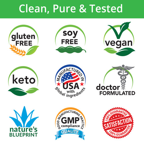 Gluten Free, Soy Free, Vegan, Keto, Manufactured in USA with Global Ingredients, Doctor Formulated, Nature's Blueprint, GMP, Satisfaction Guarantee