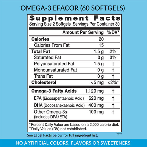 Omega 3 EPA/DHA Efacor, 60 softgels, supplement facts, supplement label, directions for use, ingredients, fish oil with no "fishy taste." Light citrus taste, whole body health, heart & brain health, High Potency Efacor, UltraPure, Meets the FDA Formulary Requirement for Making The Health Claim This Product May Reduce The Risk Of Cardiovascular Disease*, Premium Quality -  Heavy Metal Testing, Potency Verified and Sourced From Small Ocean Fish of Mackerel, Sardine & Anchovy, softgels, essential fatty acid, Eniva Product ID 13505