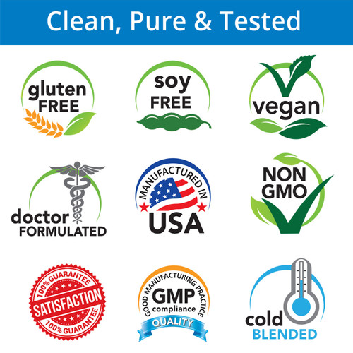 Clean, Pure & Tested, Gluten Free, Soy Free, Vegan, Doctor Formulated, Manufactured in USA, Non-GMO, Satisfaction Guarantee, GMP Compliance, Cold Blended
 Clean, Pure & Tested, Gluten Free, Soy Free, Vegan, Doctor Formulated, Manufactured in USA, Non-GMO, Satisfaction Guarantee, GMP Compliance, Cold Blended