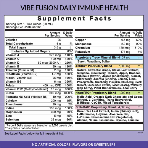 Eniva VIBE Fusion, liquid daily multivitamin, 32 oz, concentrated antioxidants, minerals, vitamins, fruits, vegetables, green tea EGCG green tea catechin complex, organic dark chocolate and cocoa, amino acids, phytonutrients, whole food nutraceutical, full spectrum nutrition, DNA support, trans-resveratrol, supplement facts, nutrition facts, ingredient facts, Product ID 27033  