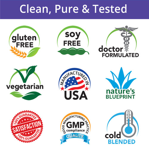 Clean, Pure & Tested, Gluten Free, Soy Free, Doctor Formulated, Vegetarian, Manufactured in USA, Nature's Blueprint, Satisfaction Guarantee, GMP Compliance