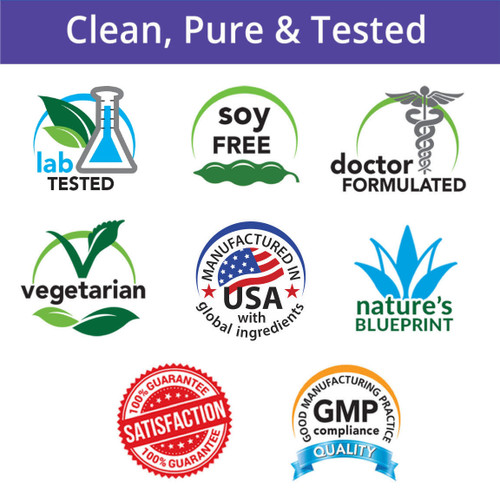 Clean, Pure & Tested, Gluten Free, Soy Free, Doctor Formulated, Vegetarian, Nature's Blueprint, Satisfaction Guarantee, GMP Compliance