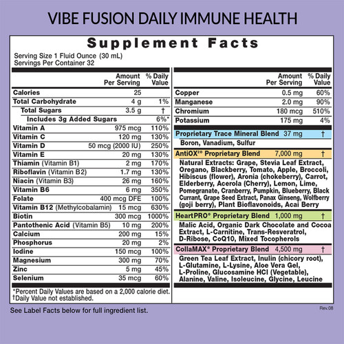 Eniva VIBE Fusion, liquid daily multivitamin, 32 oz, concentrated antioxidants, minerals, vitamins, fruits, vegetables, green tea EGCG green tea catechin complex, organic dark chocolate and cocoa, amino acids, phytonutrients, whole food nutraceutical, full spectrum nutrition, DNA support, trans-resveratrol, supplement facts, nutrition facts, ingredient facts, Product ID 27033