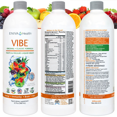 Eniva VIBE Original liquid daily multivitamin, 32 oz, Full Spectrum Nutrition, Cellular Support, clinically studied, nature based nutraceutical, potent antioxidants, Front View, Marketing View, Back View - Supplement Facts, Product ID 27006 Eniva VIBE Original liquid daily multivitamin, 32 oz, Full Spectrum Nutrition, Cellular Support, clinically studied, nature based nutraceutical, potent antioxidants, Front View, Marketing View, Back View - Supplement Facts, Product ID 27006