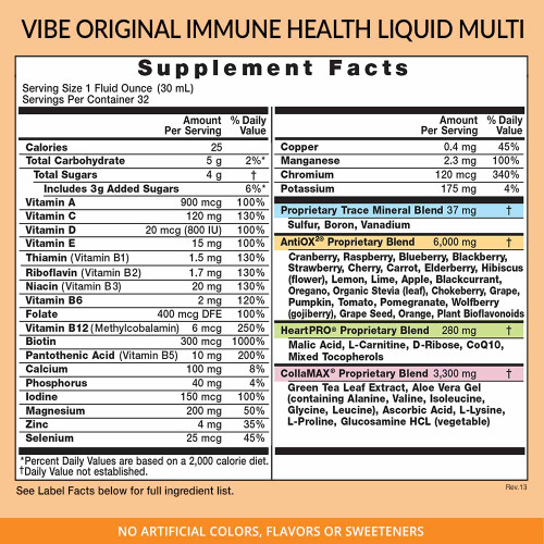 Eniva VIBE Original Multi Nutrients, 32 oz, daily multi, antioxidants, multivitamin with minerals, vitamins, whole food supplement, Supplement Facts, Nutrition Facts, Product ID 27006 Eniva VIBE Original Multi Nutrients, 32 oz, daily multi, antioxidants, multivitamin with minerals, vitamins, whole food supplement, Supplement Facts, Nutrition Facts, Product ID 27006