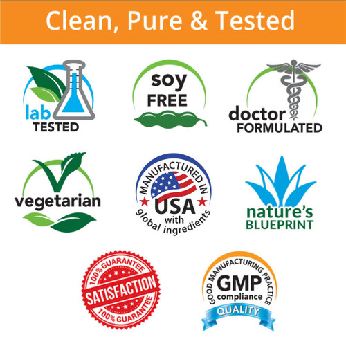 Clean, Pure & Tested, Gluten Free, Soy Free, Doctor Formulated, Vegetarian, Nature's Blueprint, Satisfaction Guarantee, GMP Compliance