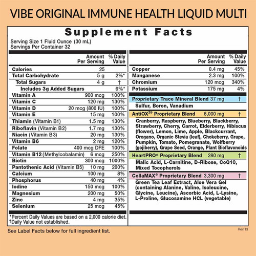 Eniva VIBE Original Multi Nutrients, 32 oz, daily multi, antioxidants, multivitamin with minerals, vitamins, whole food supplement, Supplement Facts, Nutrition Facts, Product ID 27006