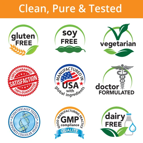 Gluten Free, Soy Free, Vegetarian, Satisfaction Guarantee, Manufactured in USA with Global Ingredients, Doctor Formulated, Supports Cellular Health, GMP, Dairy Free