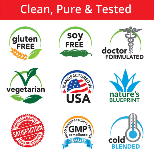 Clean, Pure & Tested, Gluten Free, Soy Free, Doctor Formulated, Vegetarian, Manufactured in USA, Nature's Blueprint, Satisfaction Guarantee, GMP Compliance