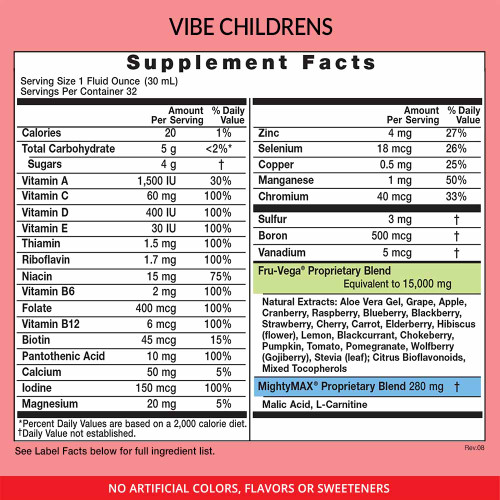 Eniva VIBE Kids, 32 oz, concentrated liquid multivitamin liquid. Great-tasting fruity natural flavor, antioxidants, minerals, vitamins, whole food supplement, Full Spectrum Nutrition, Supplement Facts, Nutrition Facts Product ID 17015
