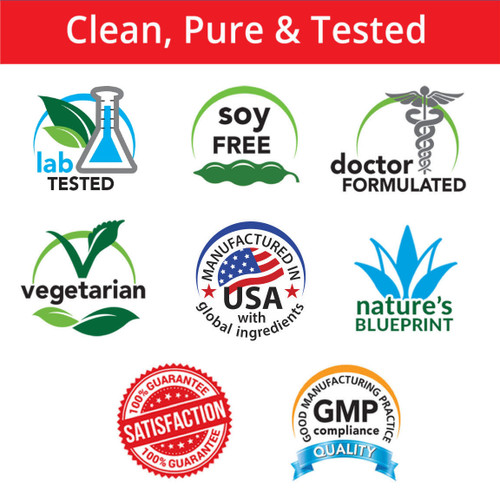 Clean, Pure & Tested, Gluten Free, Soy Free, Doctor Formulated, Vegetarian, Nature's Blueprint, Satisfaction Guarantee, GMP Compliance
