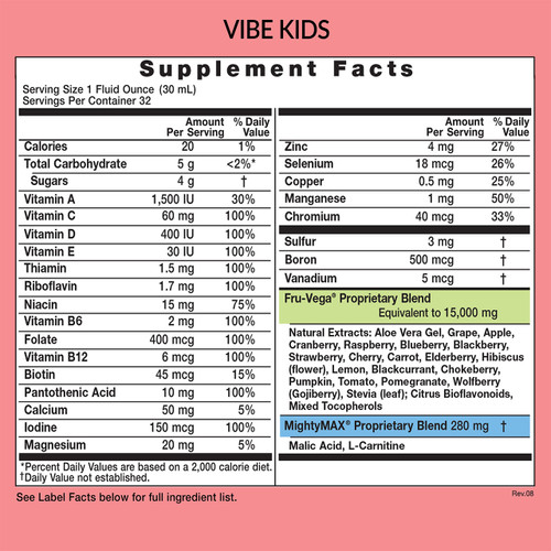 Eniva VIBE Kids, 32 oz, concentrated liquid multivitamin liquid. Great-tasting fruity natural flavor, antioxidants, minerals, vitamins, whole food supplement, Full Spectrum Nutrition, Supplement Facts, Nutrition Facts Product ID 17015