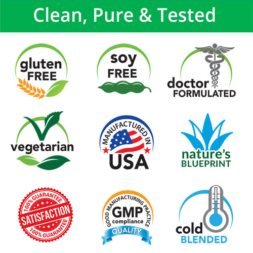 Clean, Pure & Tested, Gluten Free, Soy Free, Doctor Formulated, Vegetarian, Manufactured in USA, Nature's Blueprint, Satisfaction Guarantee, GMP Compliance Clean, Pure & Tested, Gluten Free, Soy Free, Doctor Formulated, Vegetarian, Manufactured in USA, Nature's Blueprint, Satisfaction Guarantee, GMP Compliance