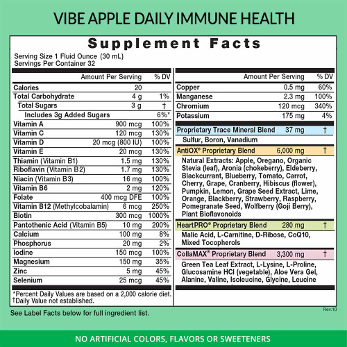 Eniva VIBE Apple, daily multi, 32 oz, antioxidants, multivitamin with minerals, vitamins, whole food supplement, Supplement Facts, Nutritional Facts, Product ID 17013 Eniva VIBE Apple, daily multi, 32 oz, antioxidants, multivitamin with minerals, vitamins, whole food supplement, Supplement Facts, Nutritional Facts, Product ID 17013