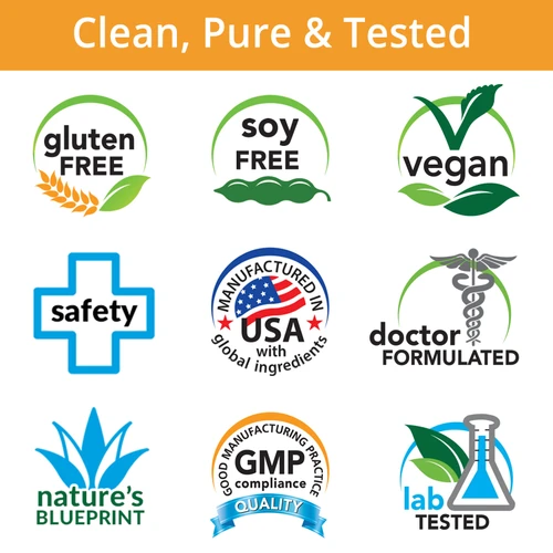 Gluten Free, Soy Free, Vegan, Safety, Manufactured in USA with Global Ingredients, Doctor Formulated, Nature's Blueprint, GMP, Lab Tested