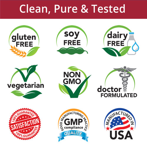 Clean, Pure & Tested, Gluten Free, Soy Free, Dairy Free, Vegetarian, Non-GMO, Doctor Formulated, Satisfaction Guarantee, GMP Compliance, Manufactured in USA