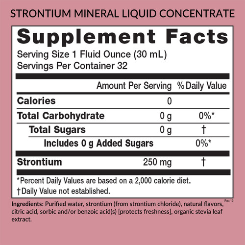 Eniva Minerals for Life Strontium Liquid Concentrate, 32 oz, back panel label, Supplement Facts, Nutritional Facts, Ingredient Facts, Product ID 8217