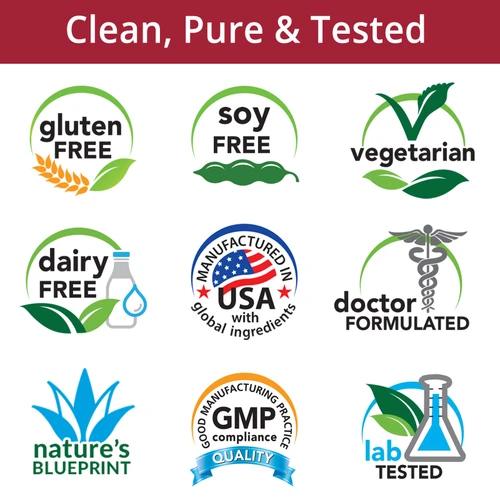 Gluten Free, Soy Free, Vegetarian, Dairy Free, Manufactured in USA with Global Ingredients, Doctor Formulated, Nature's Blueprint, GMP, Lab Tested