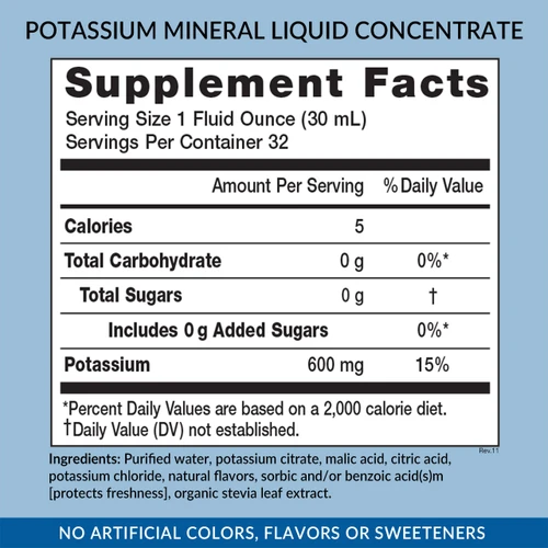 Eniva Minerals for Life Potassium Liquid mineral supplement concentrate, 32 oz, back panel label, Supplement Facts, Nutritional Facts, Ingredient Facts, Product ID 8210