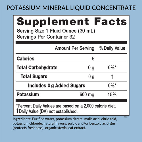 Eniva Minerals for Life Potassium Liquid mineral supplement concentrate, 32 oz, back panel label, Supplement Facts, Nutritional Facts, Ingredient Facts, Product ID 8210