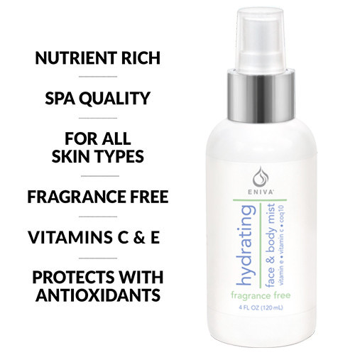Eniva Nourishing Face & Body Spray, 4 oz, for all skin types of normal, combination, oily, purifying freshener, tones, softens, conditions skin, hydrates, promotes cell health, visible improvement in skin softness, improve fine lines and wrinkles, youthful glow, protect with antioxidants against elasticity diminishing free radicals, proprietary humectants moisture retention, refresh and soothe skin, fine mist Vitamin E, stimulate collagen, elastin renewal,* Product ID 5220