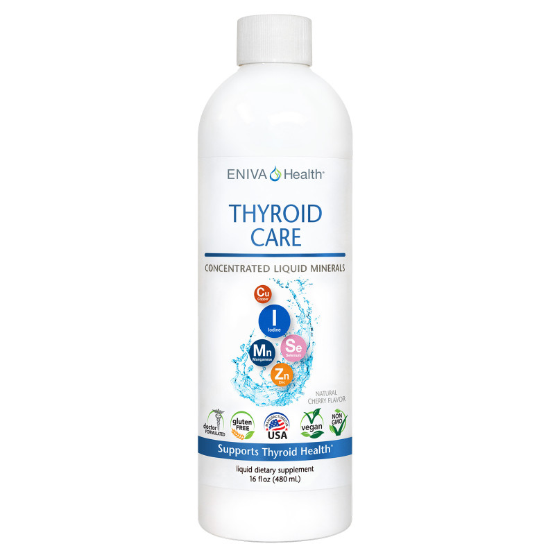 Eniva Minerals for Life Thyroid Care Multi Minerals, 16 oz, liquid dietary supplement for thyroid support, proper health of human body, especially thyroid gland, Cell-Ready minerals IODINE, ZINC, SELENIUM, COPPER and MANGANESE,  proprietary nutrient delivery system, solutomic, advanced aqueous delivery technology, potassium iodide, hormone regulation, immune system, cardiovascular, heart, radiation protection, thyroid gland, hormones influence almost every organ, neck gland, metabolism, heart rate, cholesterol levels, body weight, energy levels, muscle strength, controls and regulates temperature, skin, menstrual regularity, regular periods, memory, bowel function, potassium iodide, KI element,  natural salt, efficient uptake of iodine, radiation protection with potassium iodide, radiation contamination protection, properly functioning thyroid, fully saturate thyroid, prevent the absorption of harmful radioactive iodine, survival in an attack or accident, world health organization recommendations, FDA, Solutomic, Product ID 8029