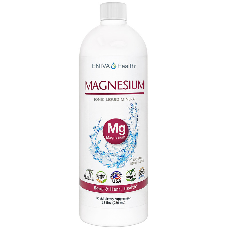Eniva Minerals for Life Magnesium Liquid Concentrate, 32 oz, Cell-Ready mineral, essential nutrient, over 300 enzymatic reactions, nervous system, neuromuscular transmission, bone support, bone strength, cellular energy, adenosine triphosphate, biologic energy, bone health, calcium balance in blood vessels, airway health, muscle health, normal involuntary body movements, proper growth, happy mood, eating habits, cardiovascular electrical impulses, heart support, Monthly feminine health, PMS, healthy weight, Product ID 8209
