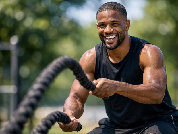 Man working out with ropes outside