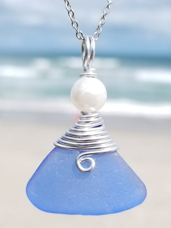 Cornflower Blue Sea Glass Necklace #210