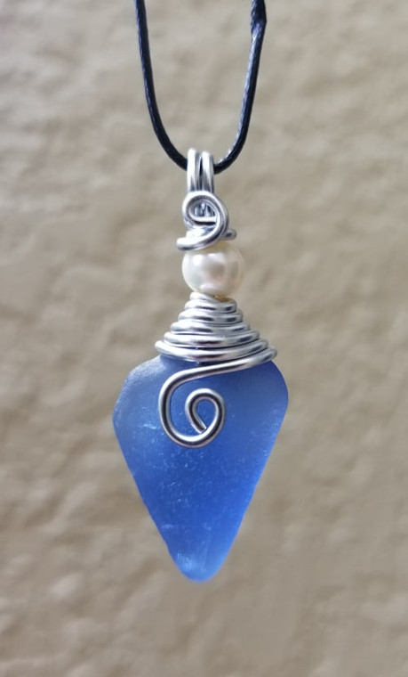 Diamond Shape Cornflower Blue Sea Glass Necklace