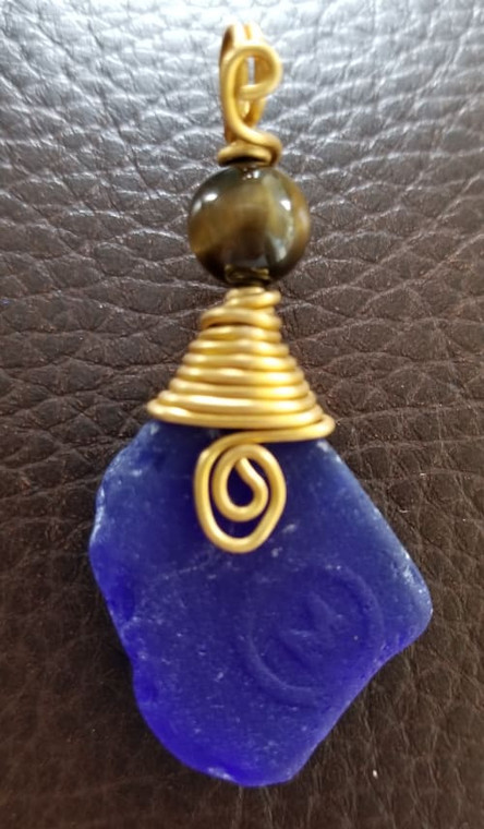 Cat's Eye Stone & Cobalt Blue Sea Glass Pendant #133