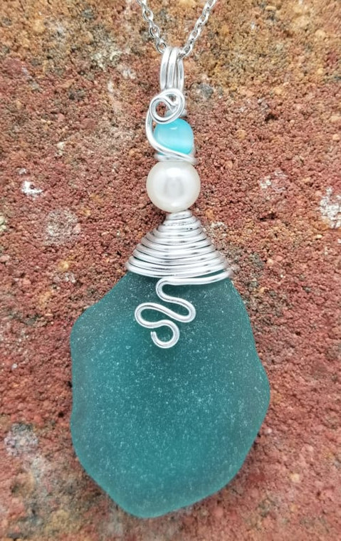 Big Teal Sea Glass Necklace #129