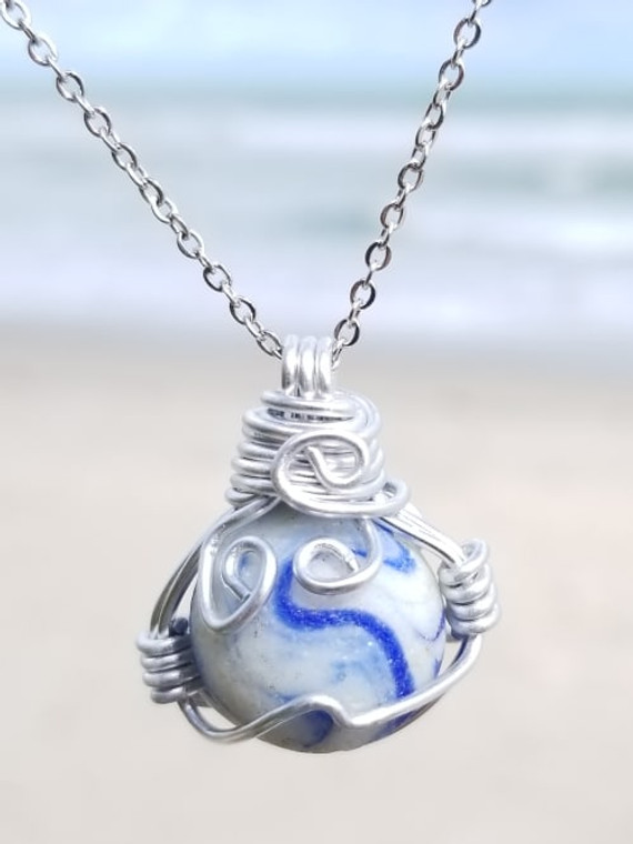 Blue Swirl Sea Marble Necklace #222