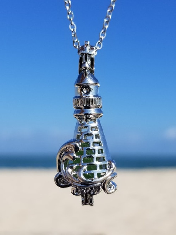 Lighthouse Wave Sea Glass Locket Necklace #188