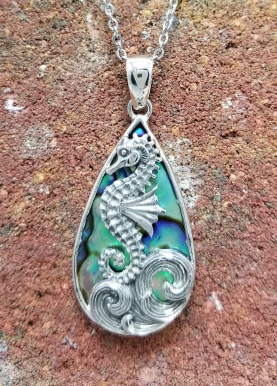 Ocean Waves Seahorse Sterling Silver Pendant - Free Chain $110