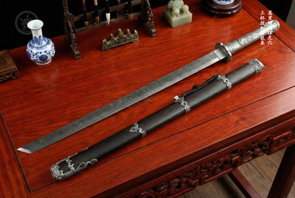 Dark Silver Water Dragon: Damascus Steel Tang Dao - Straight Blade Sword |《 暗銀水龍》